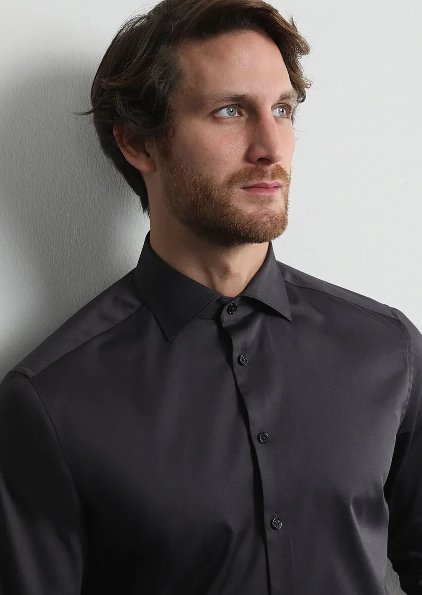 Hard Coal Plain Regular Fit Weaving Classical 100% Cotton Shirt - 2