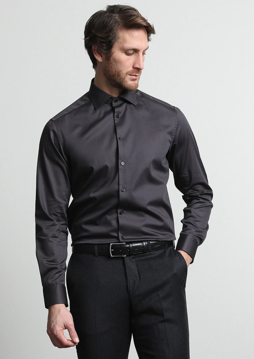 Hard Coal Plain Regular Fit Weaving Classical 100% Cotton Shirt - 3