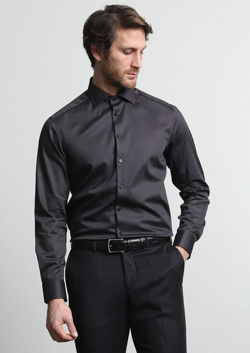 Hard Coal Plain Regular Fit Weaving Classical 100% Cotton Shirt - 3