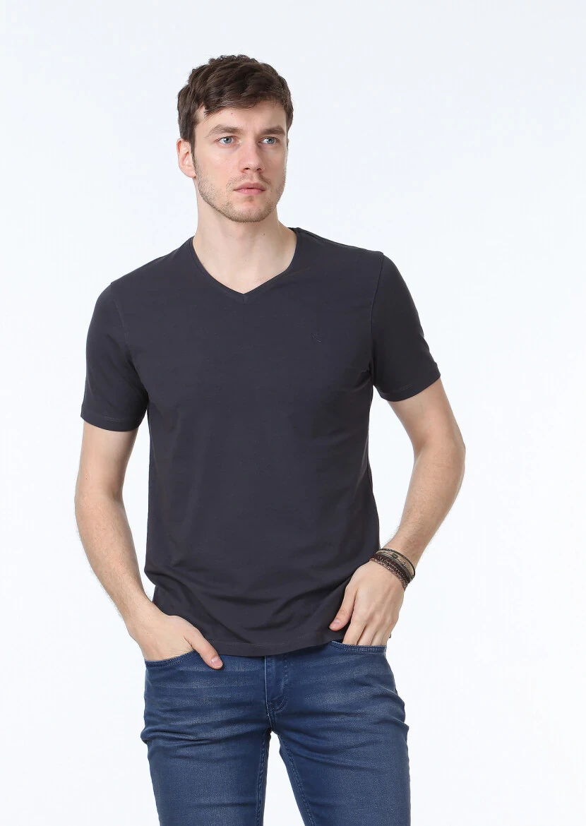 Hard Coal Plain V-Neck Cotton Blended T-Shirt - 1