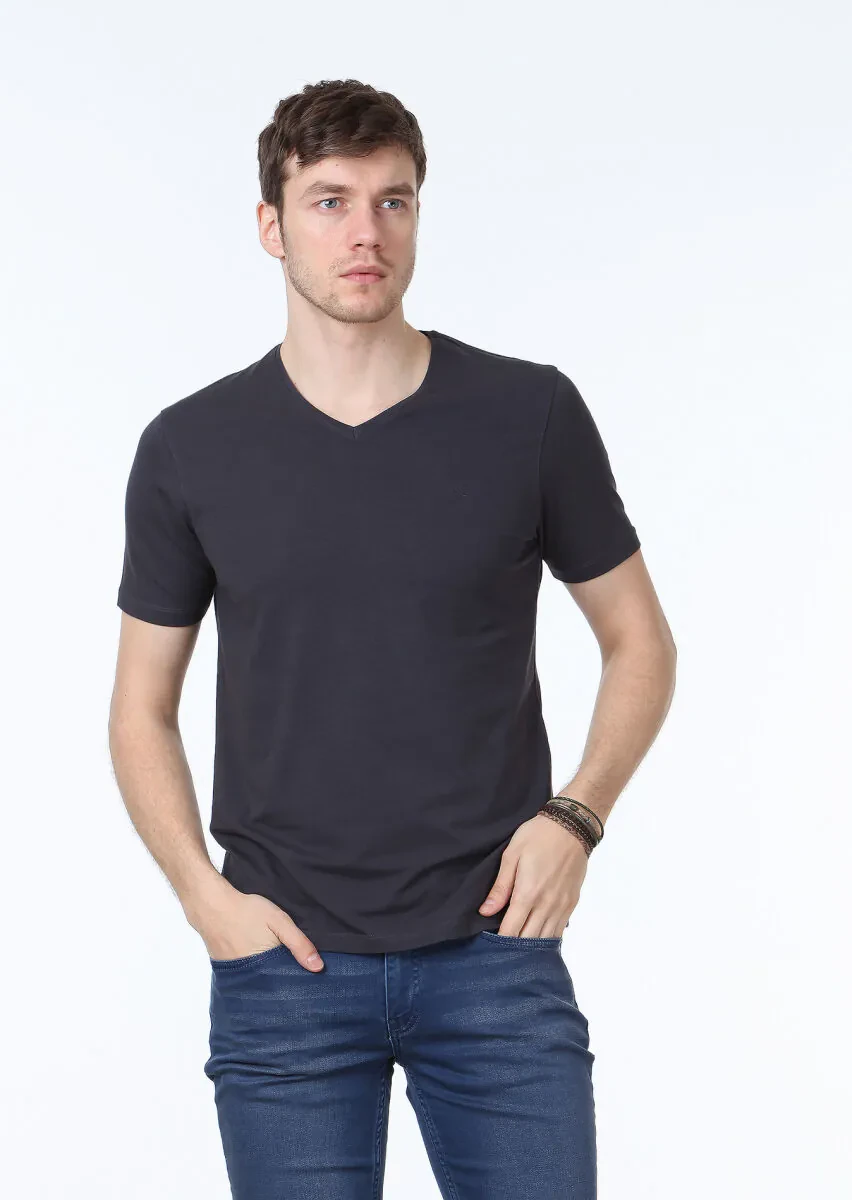 Hard Coal Plain V-Neck Cotton Blended T-Shirt - 1