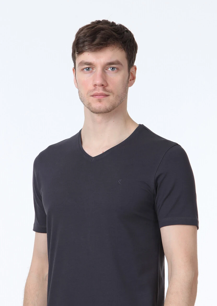 Hard Coal Plain V-Neck Cotton Blended T-Shirt - 3