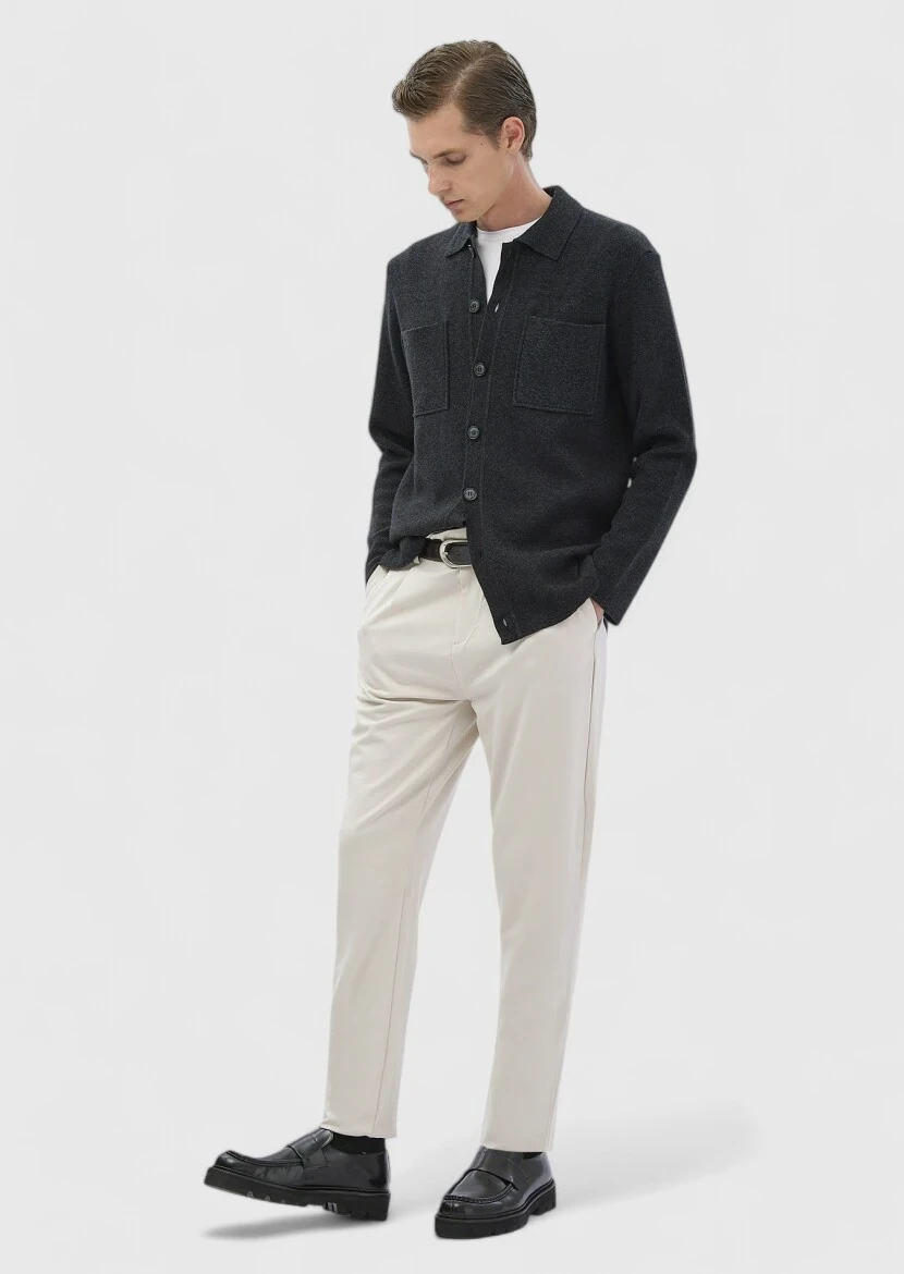 Hard Coal Polo Neck Jacquard Wool Blended Cardigan - RAMSEY