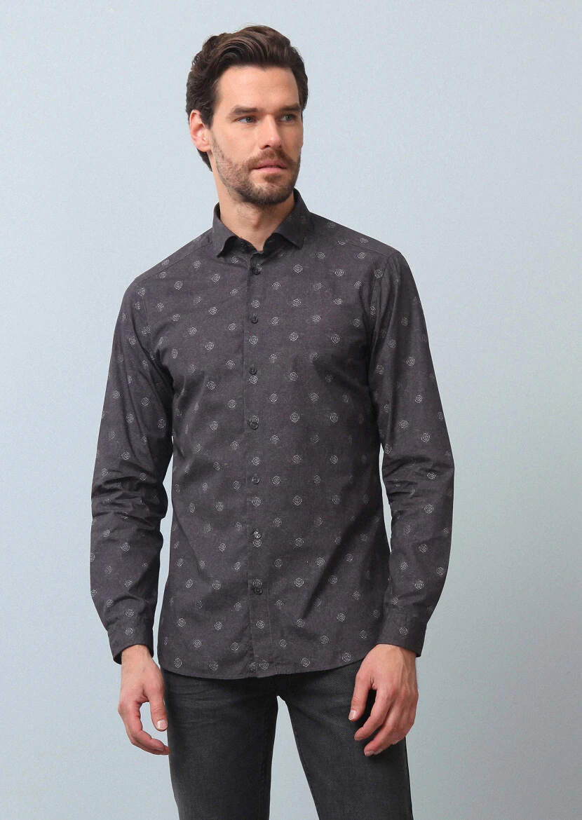 Hard Coal Printed Slim Fit Weaving Casual 100% Cotton Shirt - 3