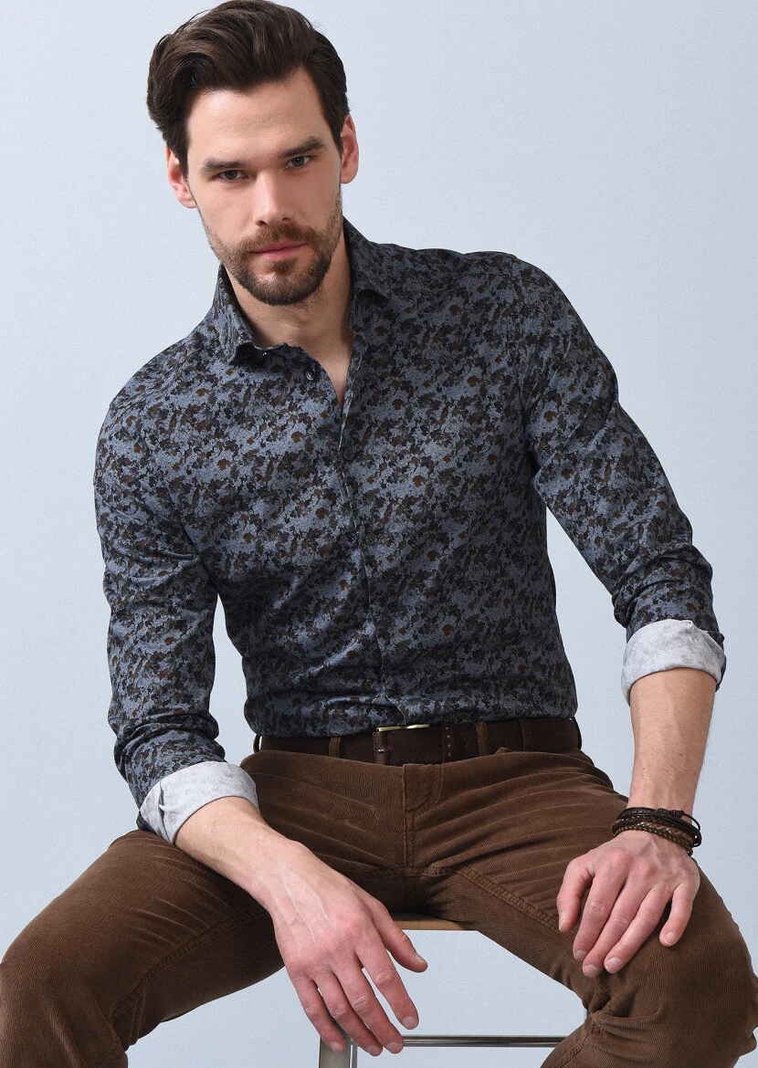 Hard Coal Printed Slim Fit Weaving Casual 100% Cotton Shirt - 1