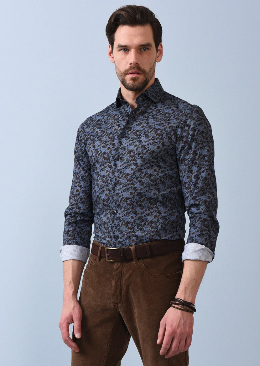 Hard Coal Printed Slim Fit Weaving Casual 100% Cotton Shirt - 3