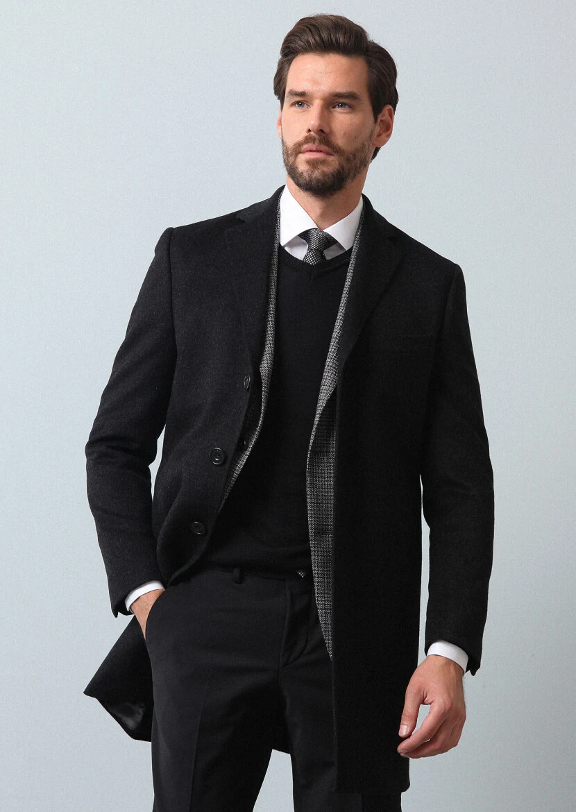 Hard Coal Regular Fit Butterfly Collar Classical Weaving Overcoat - 1