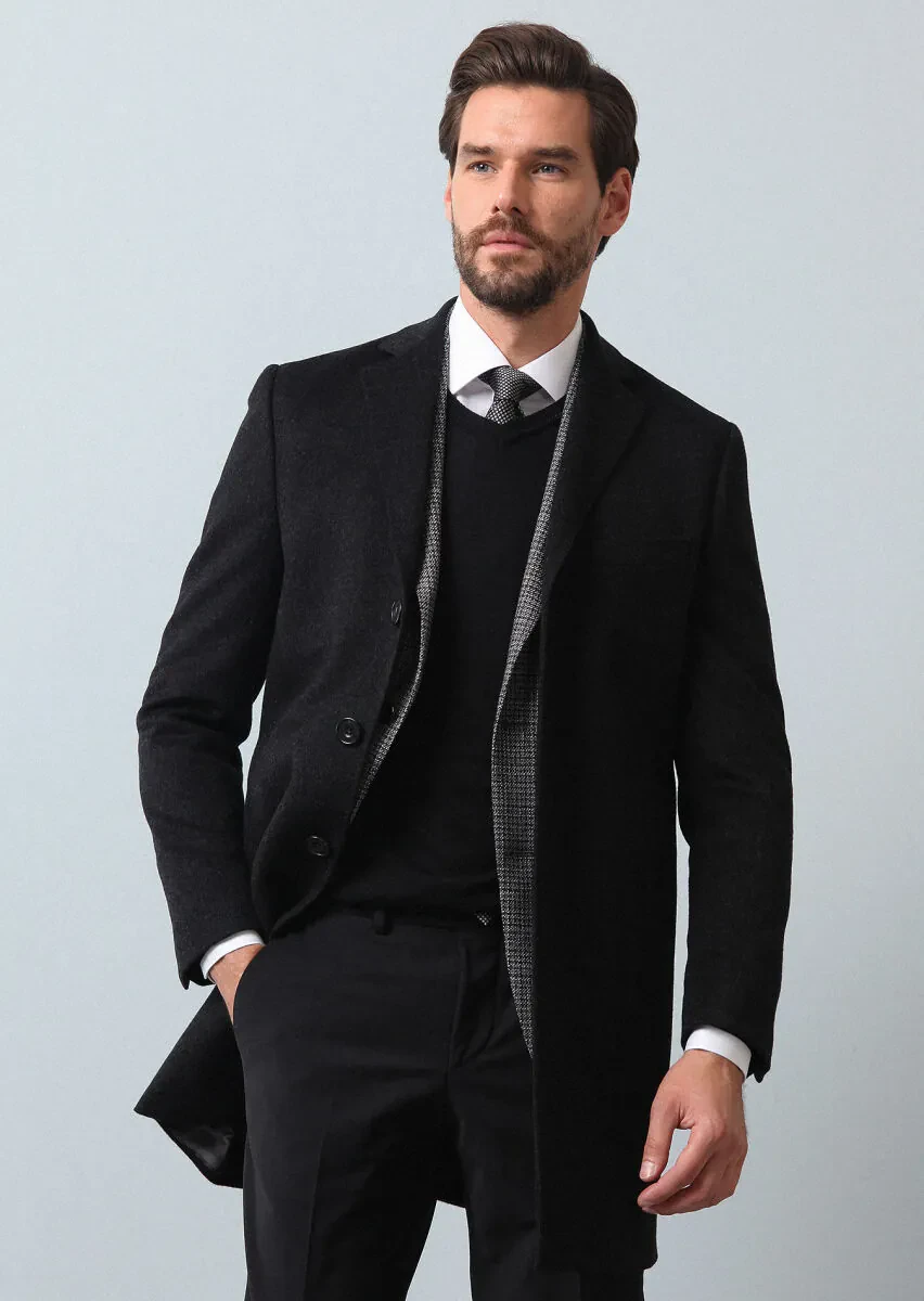 Hard Coal Regular Fit Butterfly Collar Classical Weaving Overcoat - 1