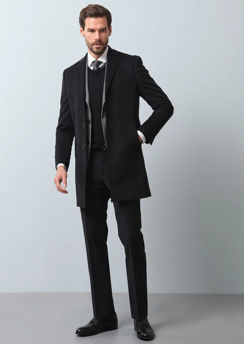 Hard Coal Regular Fit Butterfly Collar Classical Weaving Overcoat - 3