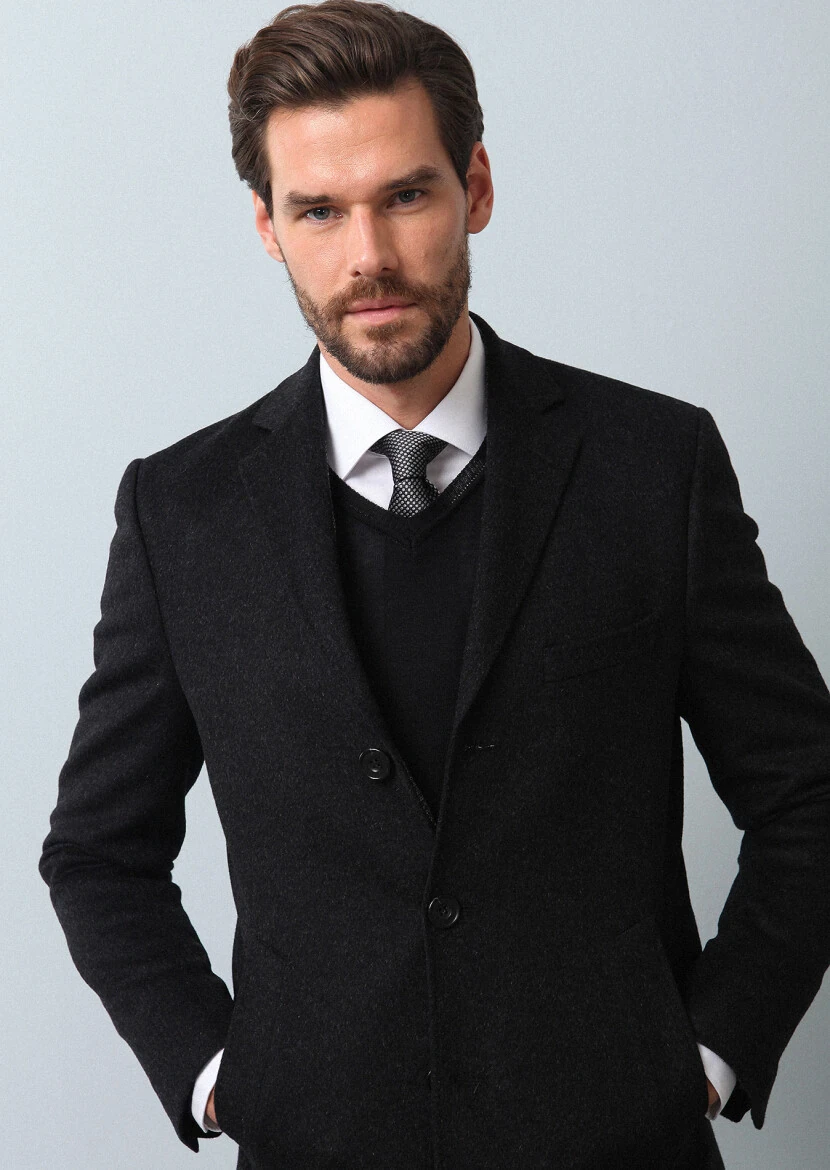 Hard Coal Regular Fit Butterfly Collar Classical Weaving Overcoat - 4