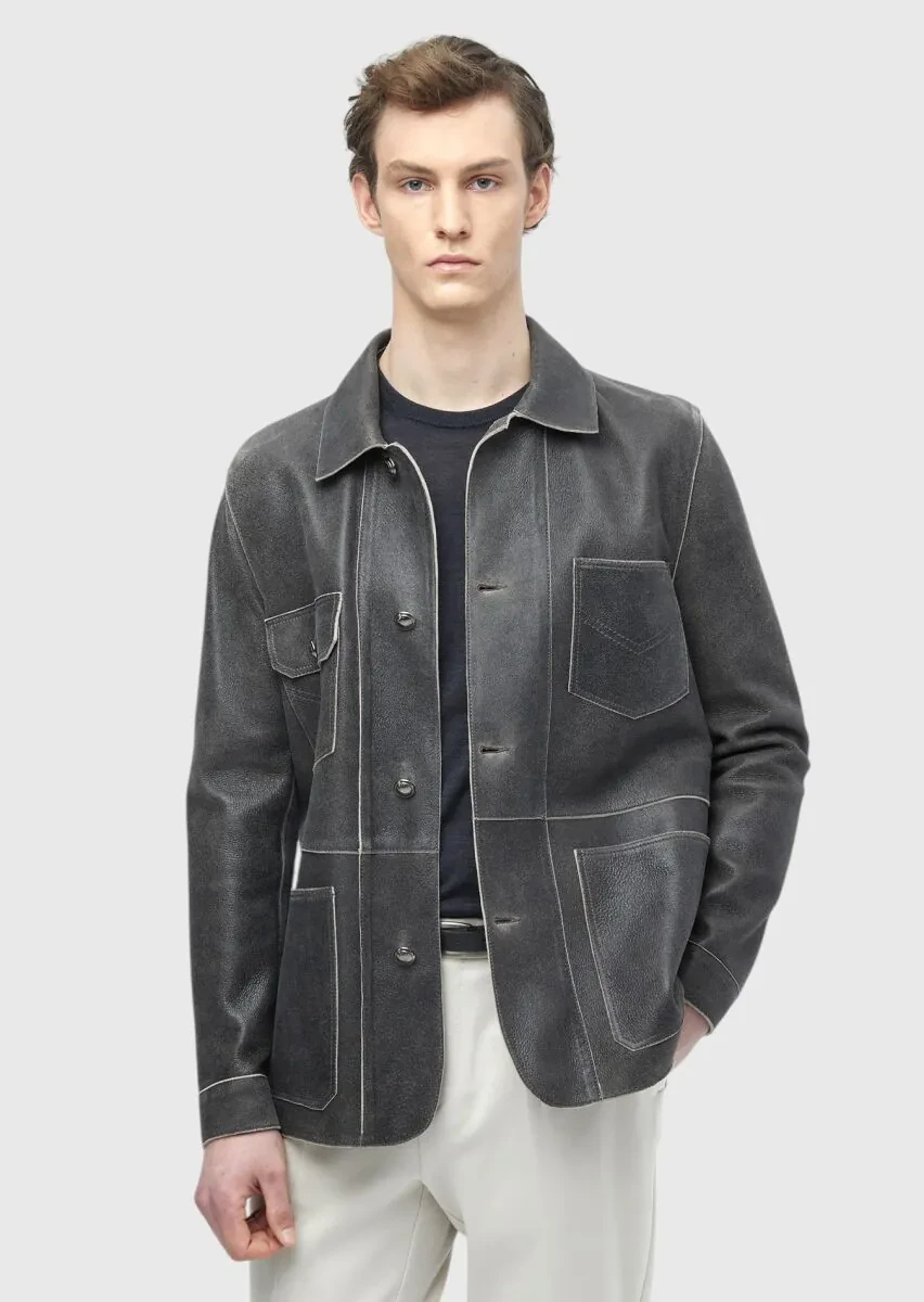 Hard Coal Regular Fit Shirt Collar Casual Leather Leather Coat - 1