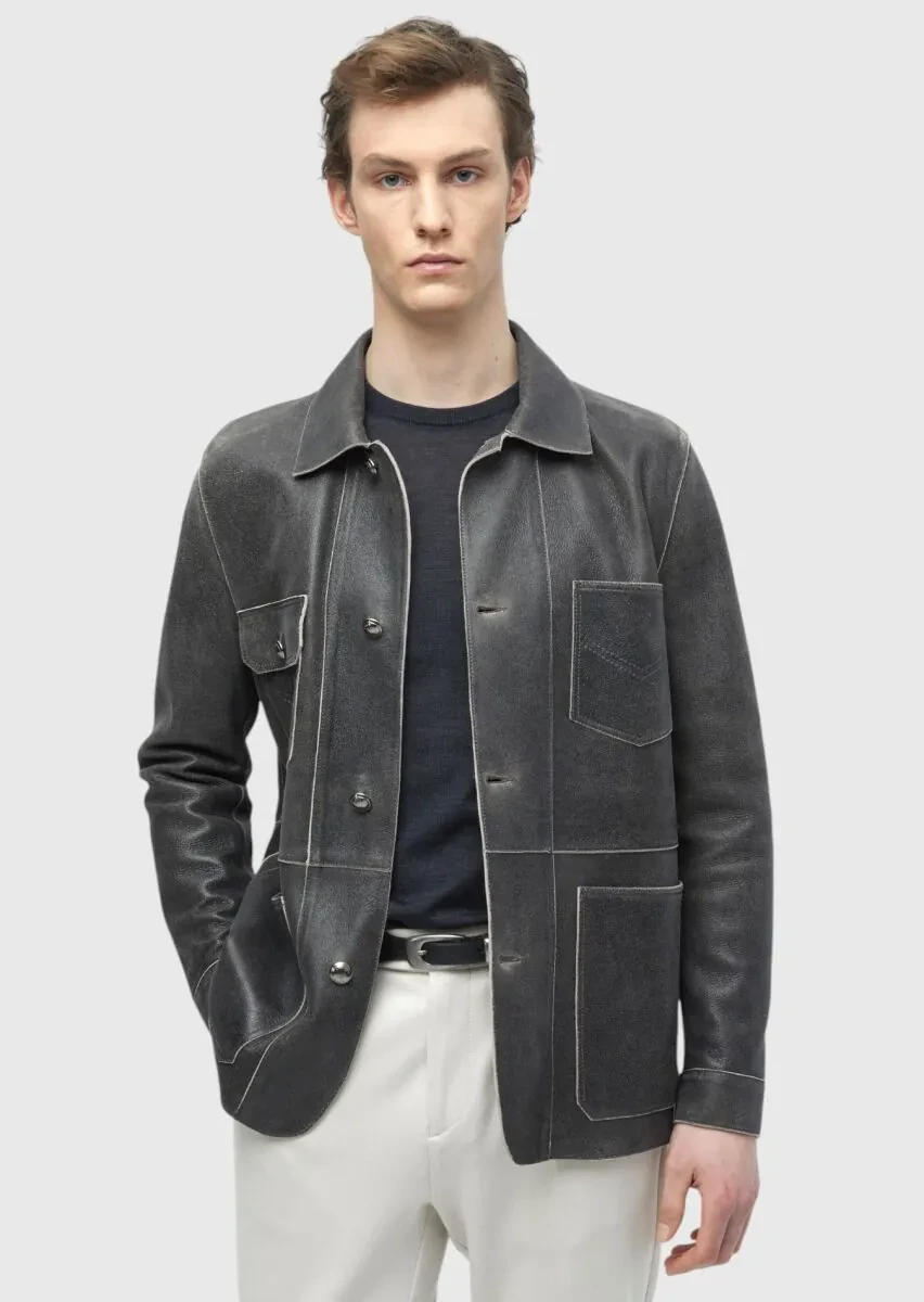 Hard Coal Regular Fit Shirt Collar Casual Leather Leather Coat - 5