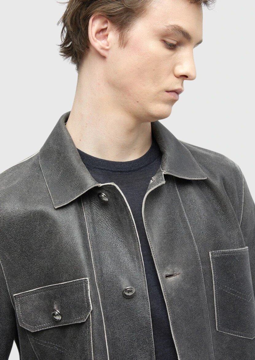 Hard Coal Regular Fit Shirt Collar Casual Leather Leather Coat - 6