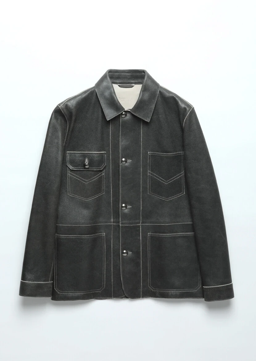 Hard Coal Regular Fit Shirt Collar Casual Leather Leather Coat - 9