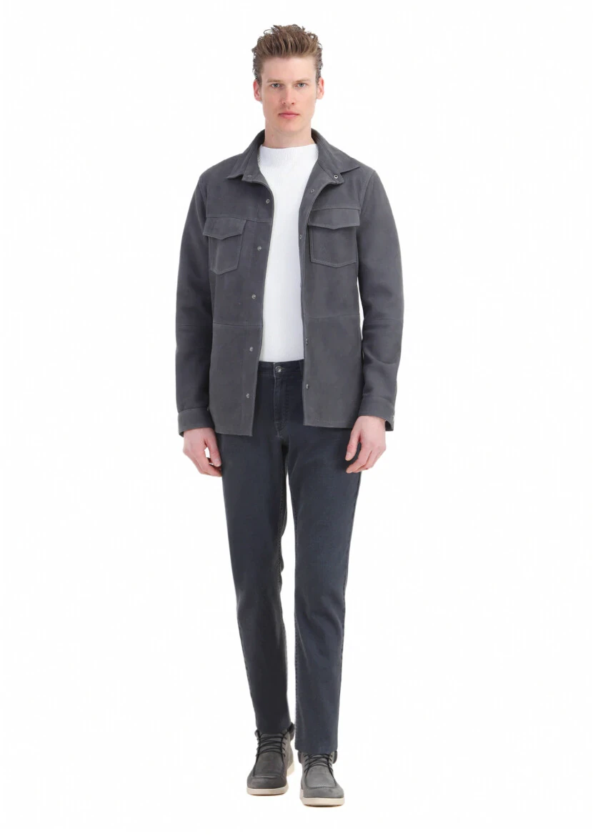 Hard Coal Regular Fit Shirt Collar Casual Suede Leather Coat 