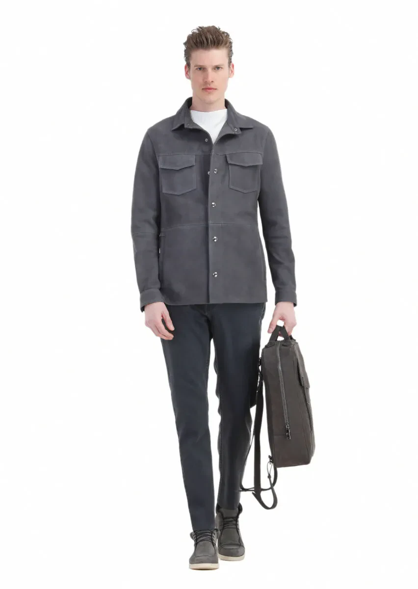Hard Coal Regular Fit Shirt Collar Casual Suede Leather Coat - 4