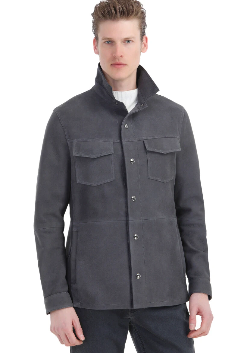 Hard Coal Regular Fit Shirt Collar Casual Suede Leather Coat - 5