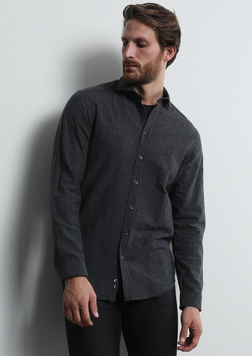 Hard Coal Striped Regular Fit Weaving Casual 100% Cotton Shirt - 4