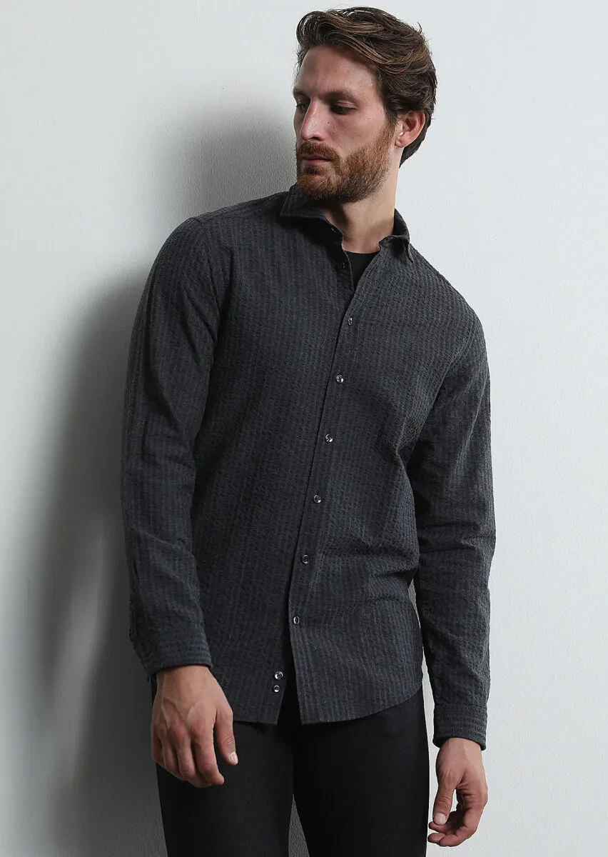 Hard Coal Striped Regular Fit Weaving Casual 100% Cotton Shirt - 4