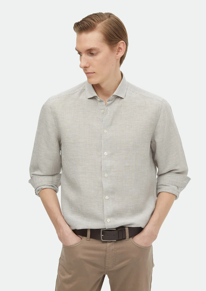 Hard Coal Striped Regular Fit Weaving Casual Linen Blended Shirt - RAMSEY