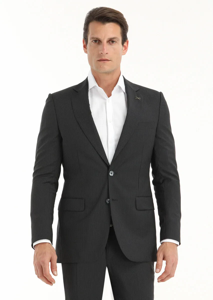 Hard Coal Striped Thin&Taller Slim Fit 100% Wool Suit - 2