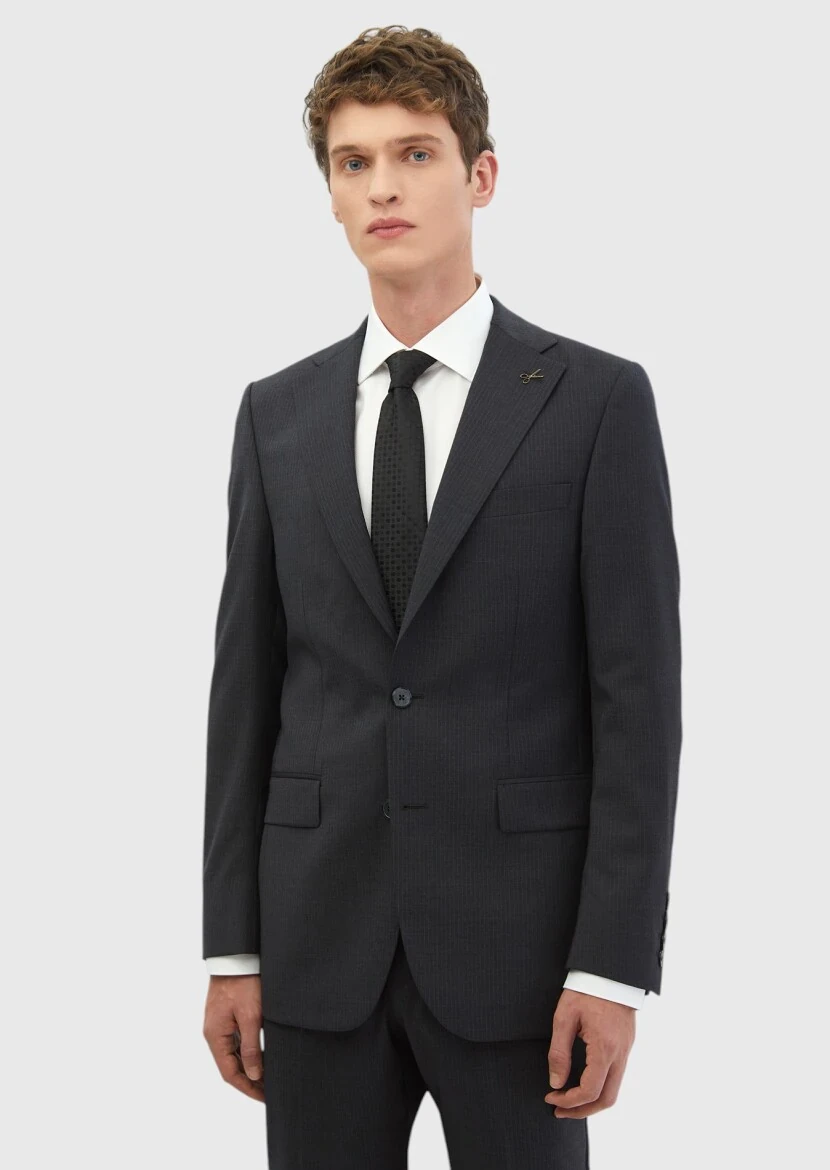 Hard Coal Striped Thin&Taller Slim Fit 100% Wool Suit - RAMSEY