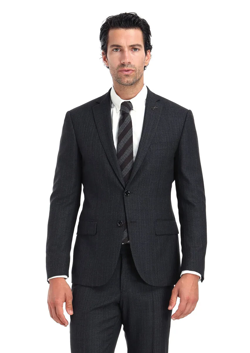 Hard Coal Striped Zeroweight Slim Fit 100% Wool Suit - 2