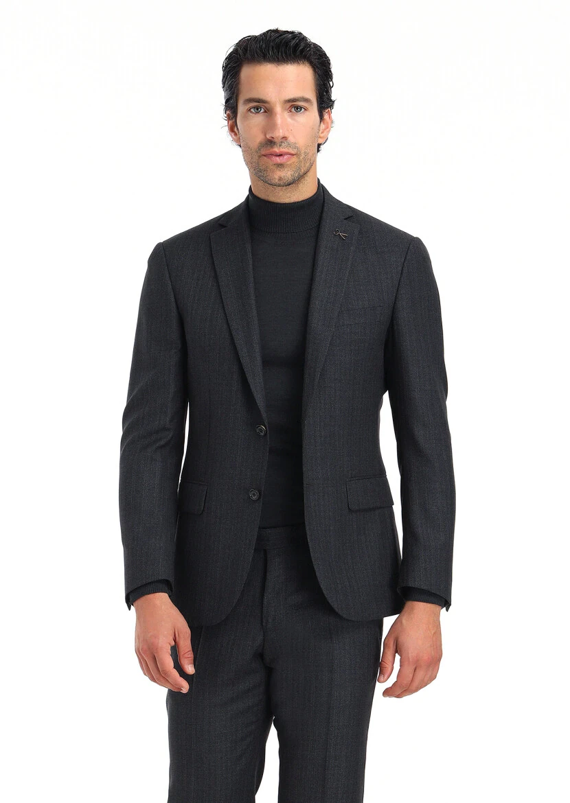 Hard Coal Striped Zeroweight Slim Fit 100% Wool Suit - 4