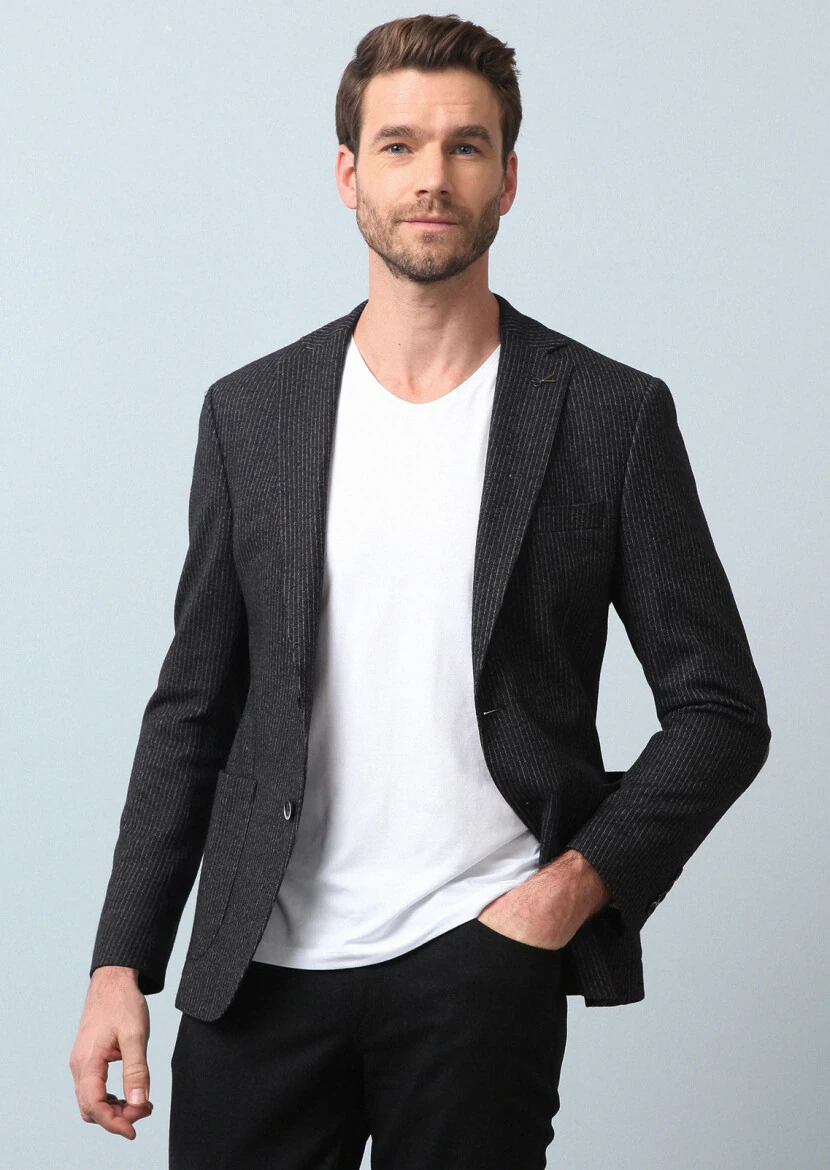 Hard Coal Striped Zeroweight Slim Fit Wool Blended Jacket - 1