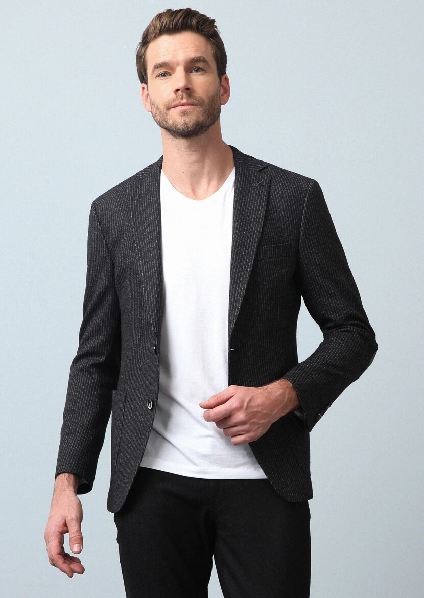 Hard Coal Striped Zeroweight Slim Fit Wool Blended Jacket - 4