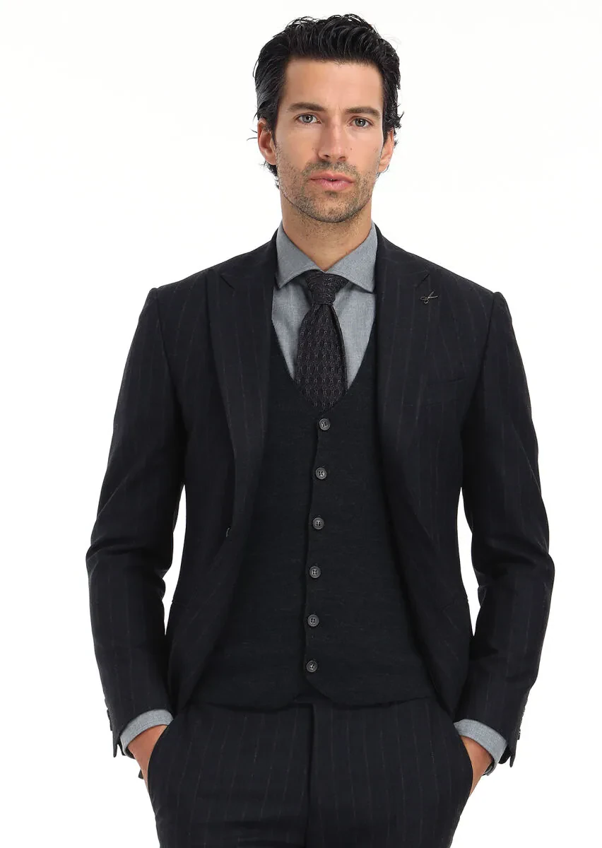 Hard Coal Striped Zeroweight Slim Fit Wool Blended Suit - 2
