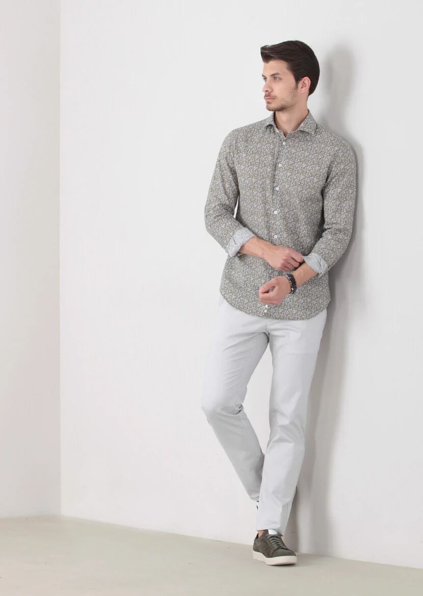 Hardal Baskılı Slim Fit Dokuma Casual Pamuk Karışımlı Gömlek - 1