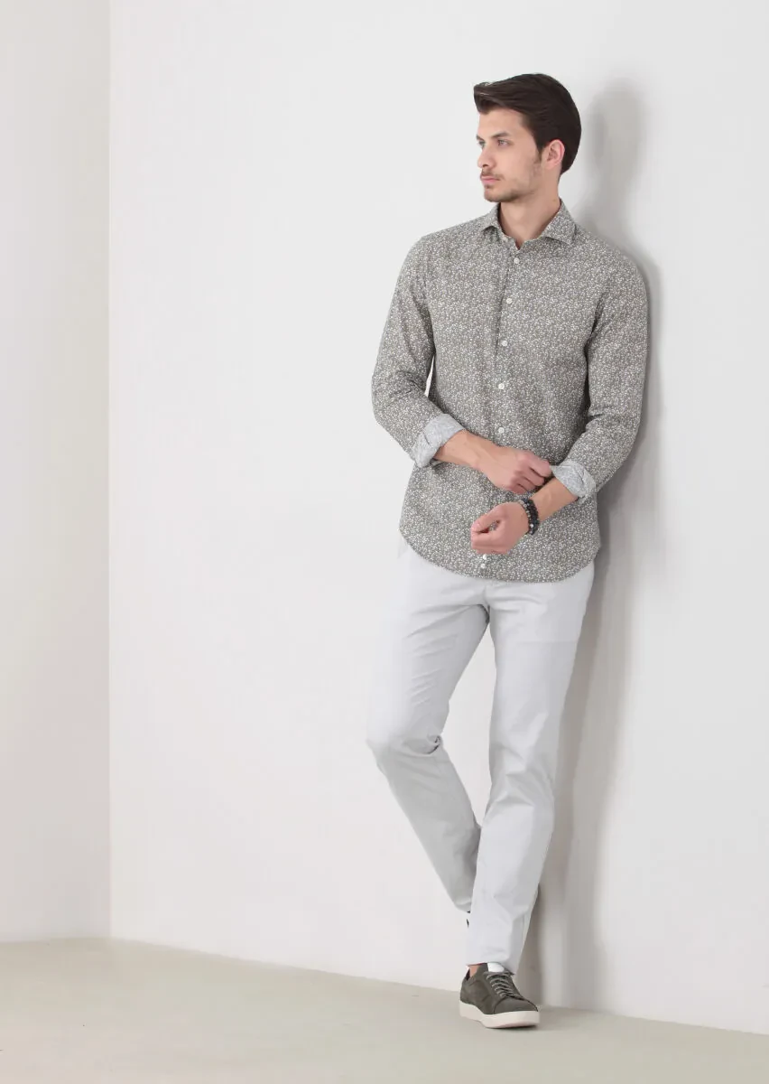 Hardal Baskılı Slim Fit Dokuma Casual Pamuk Karışımlı Gömlek - 1
