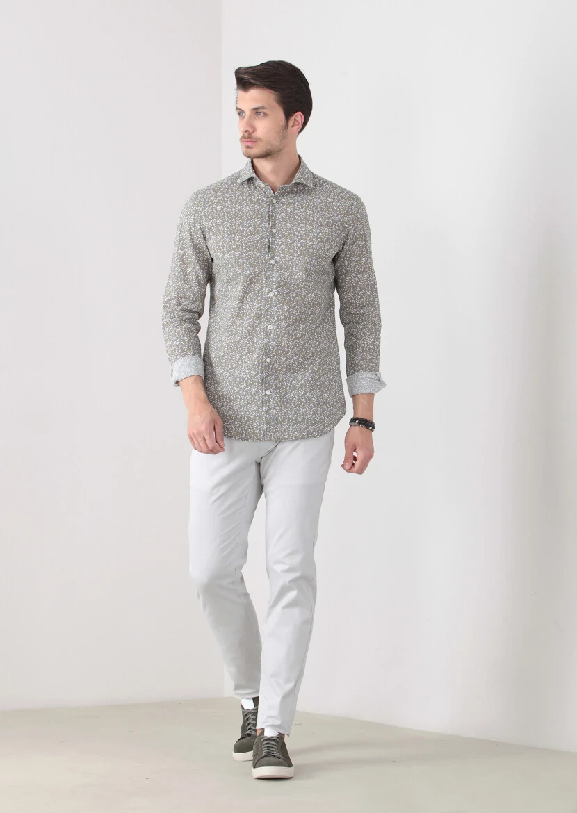 Hardal Baskılı Slim Fit Dokuma Casual Pamuk Karışımlı Gömlek - 2