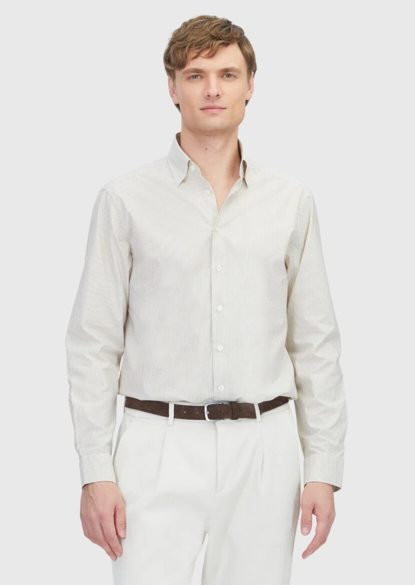 Hardal Çizgili Casual Fit Dokuma Casual %100 Pamuk Gömlek - RAMSEY