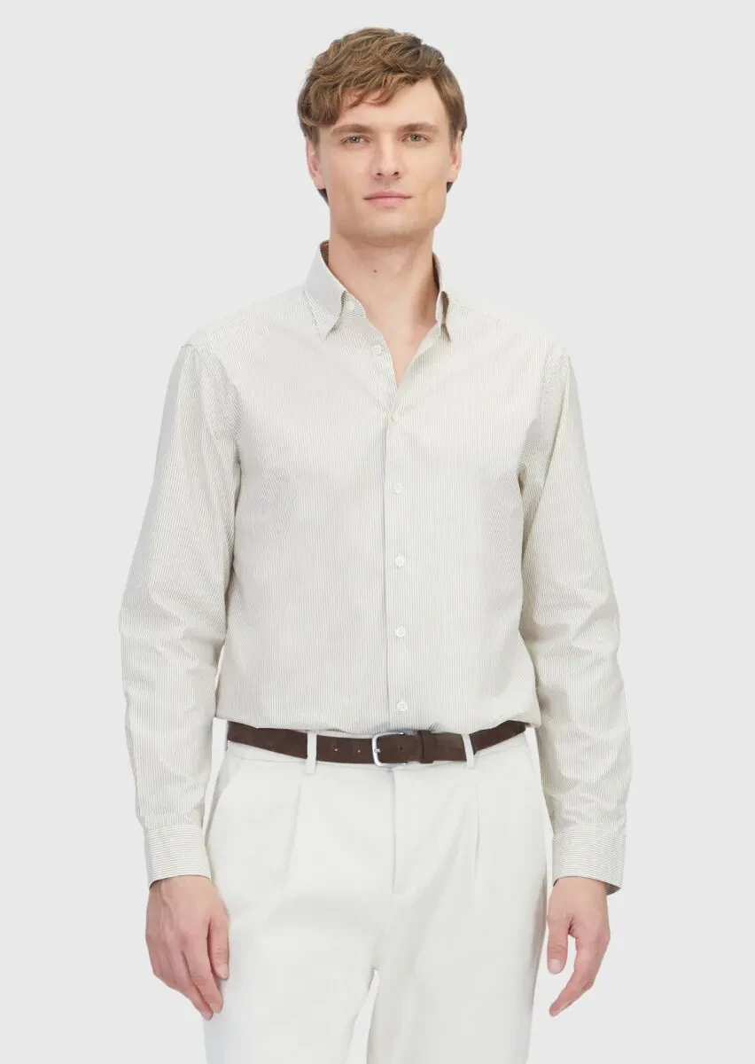 Hardal Çizgili Casual Fit Dokuma Casual %100 Pamuk Gömlek - 1