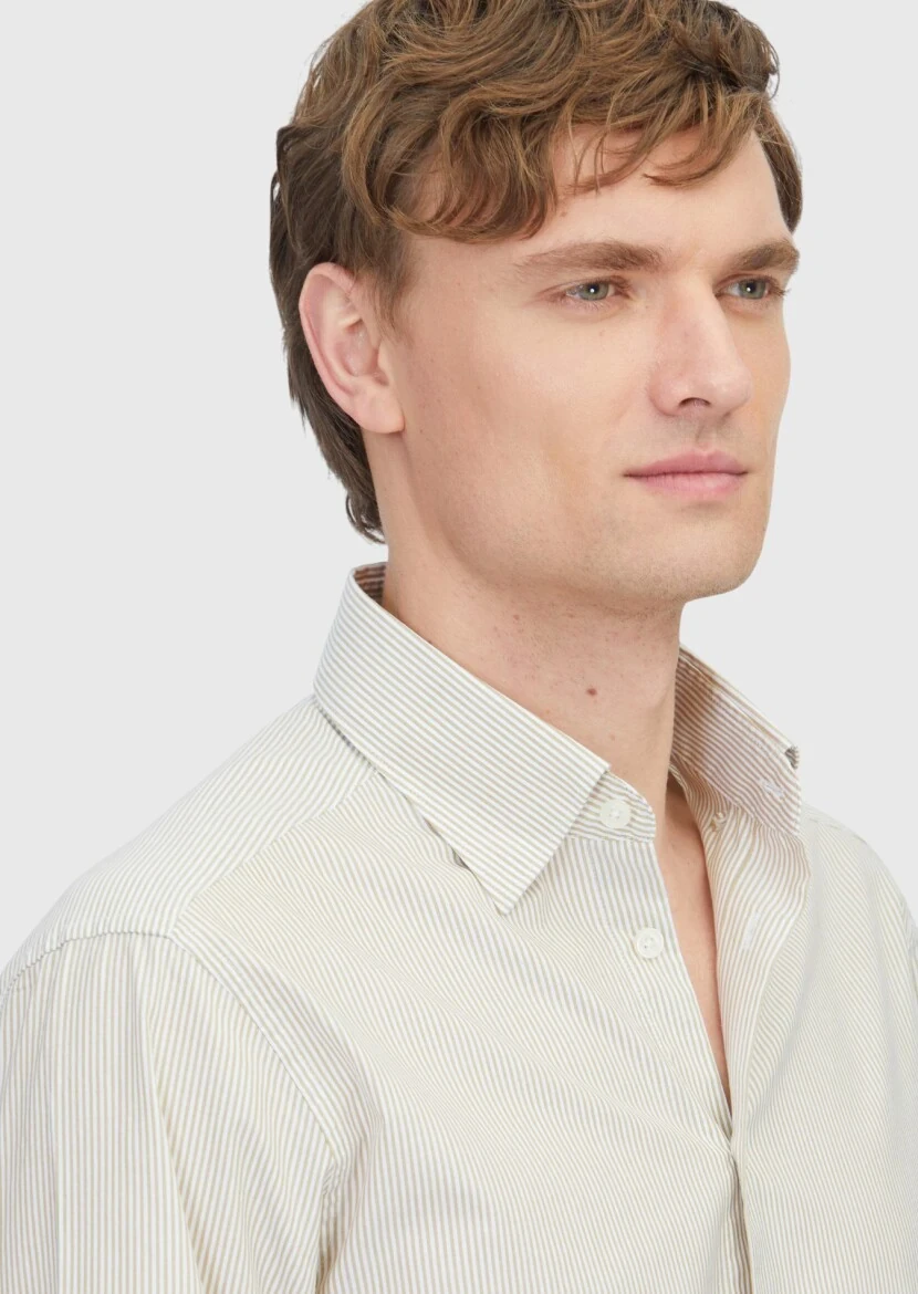 Hardal Çizgili Casual Fit Dokuma Casual %100 Pamuk Gömlek - 4