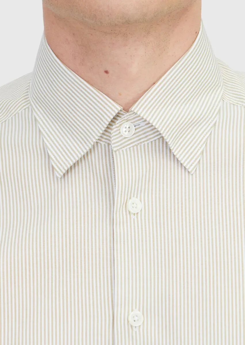 Hardal Çizgili Casual Fit Dokuma Casual %100 Pamuk Gömlek - 5