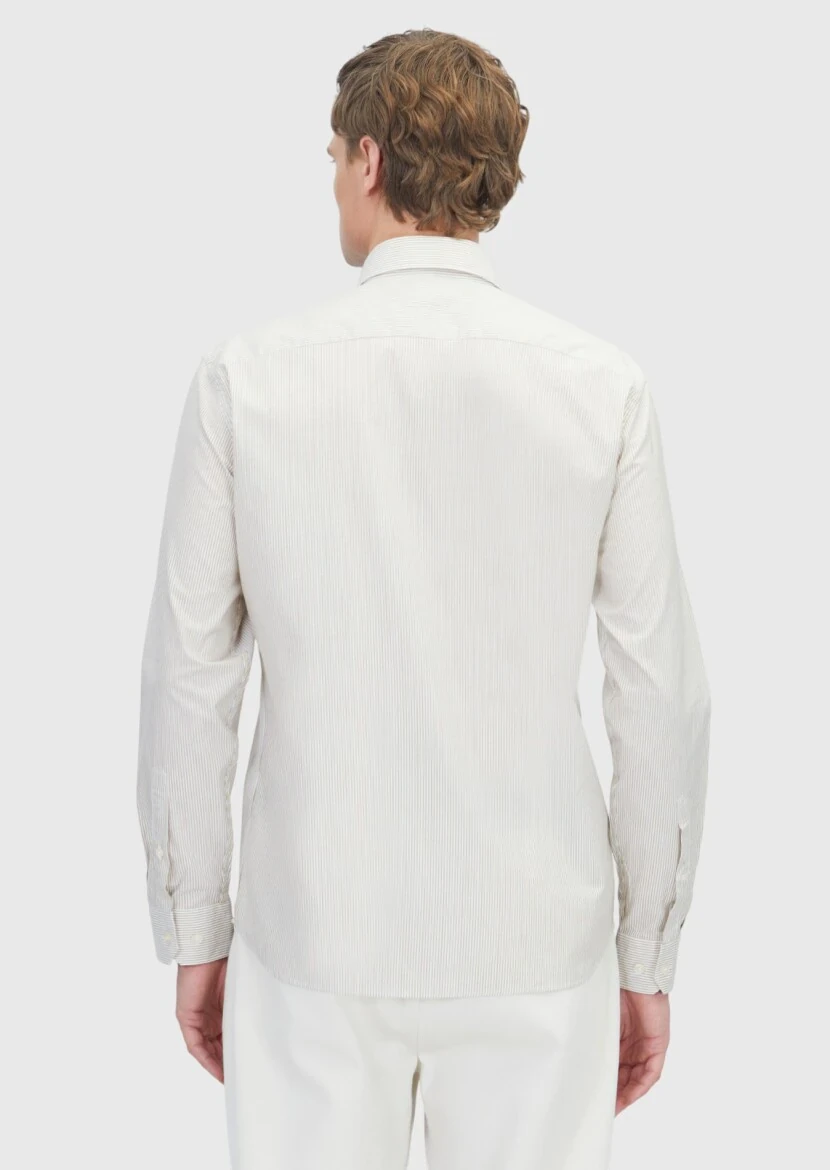 Hardal Çizgili Casual Fit Dokuma Casual %100 Pamuk Gömlek - 6