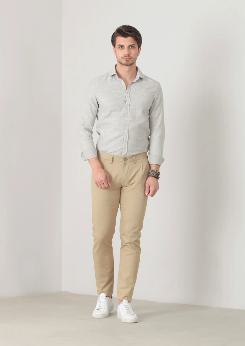 Hardal Düz Dokuma Slim Fit Casual Pamuk Karışımlı Pantolon 