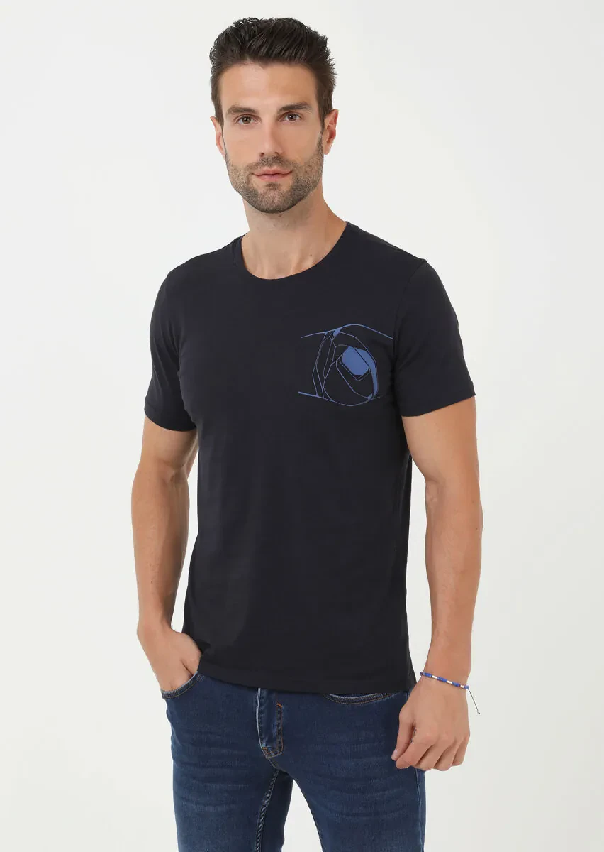 İndigo Baskılı Bisiklet Yaka %100 Pamuk T-Shirt - 1