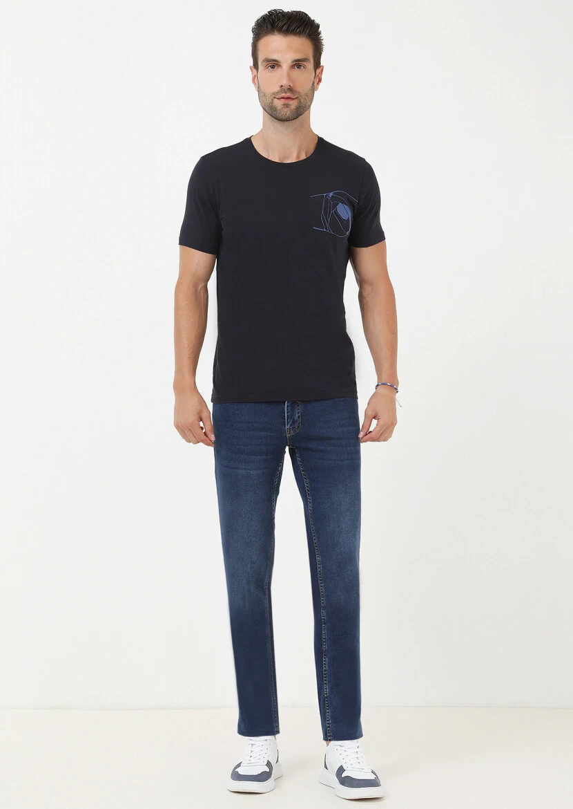 İndigo Baskılı Bisiklet Yaka %100 Pamuk T-Shirt - 3