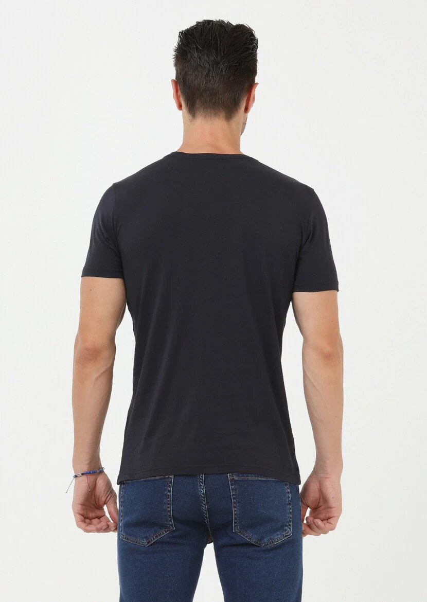 İndigo Baskılı Bisiklet Yaka %100 Pamuk T-Shirt - 4