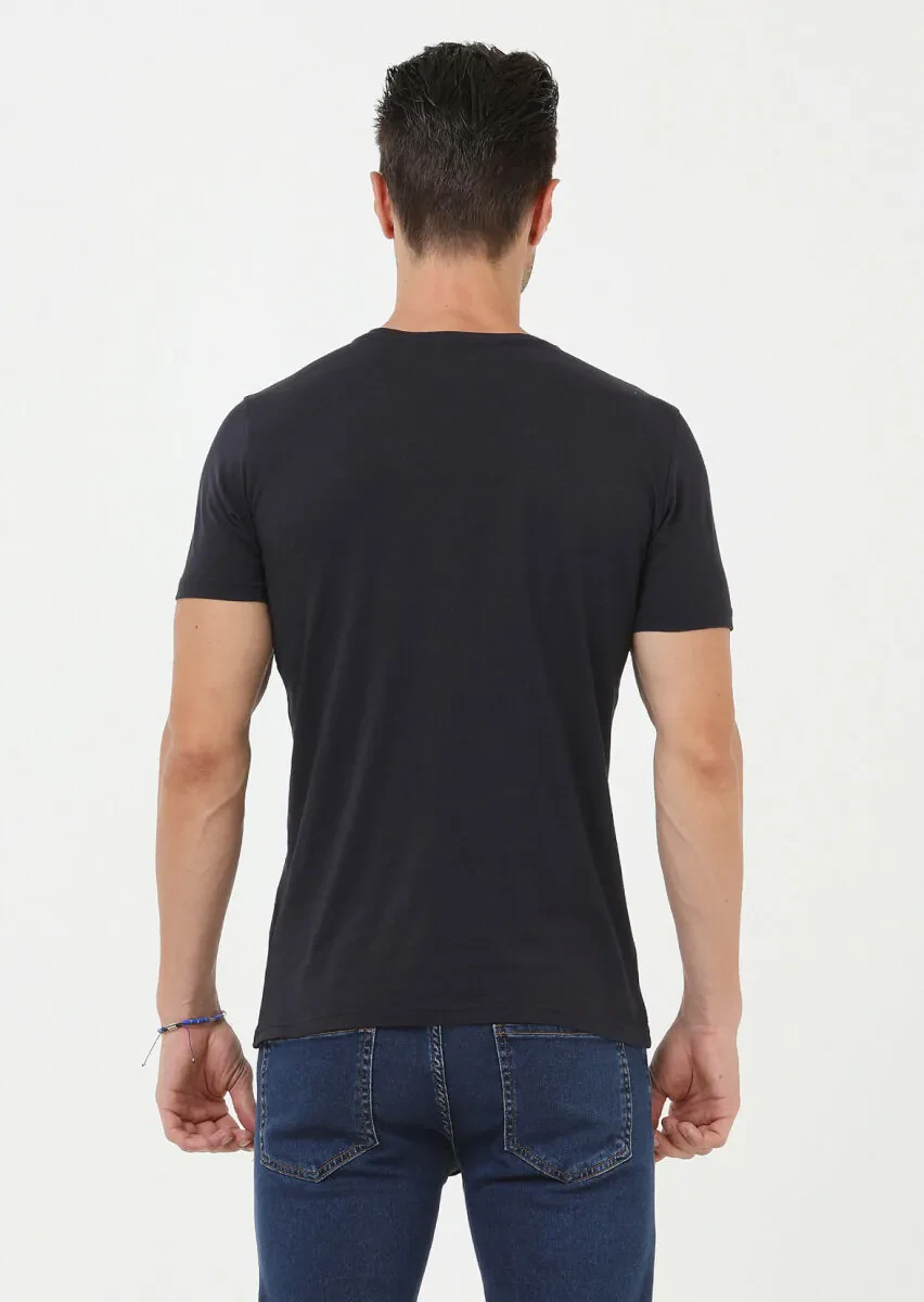 İndigo Baskılı Bisiklet Yaka %100 Pamuk T-Shirt - 4