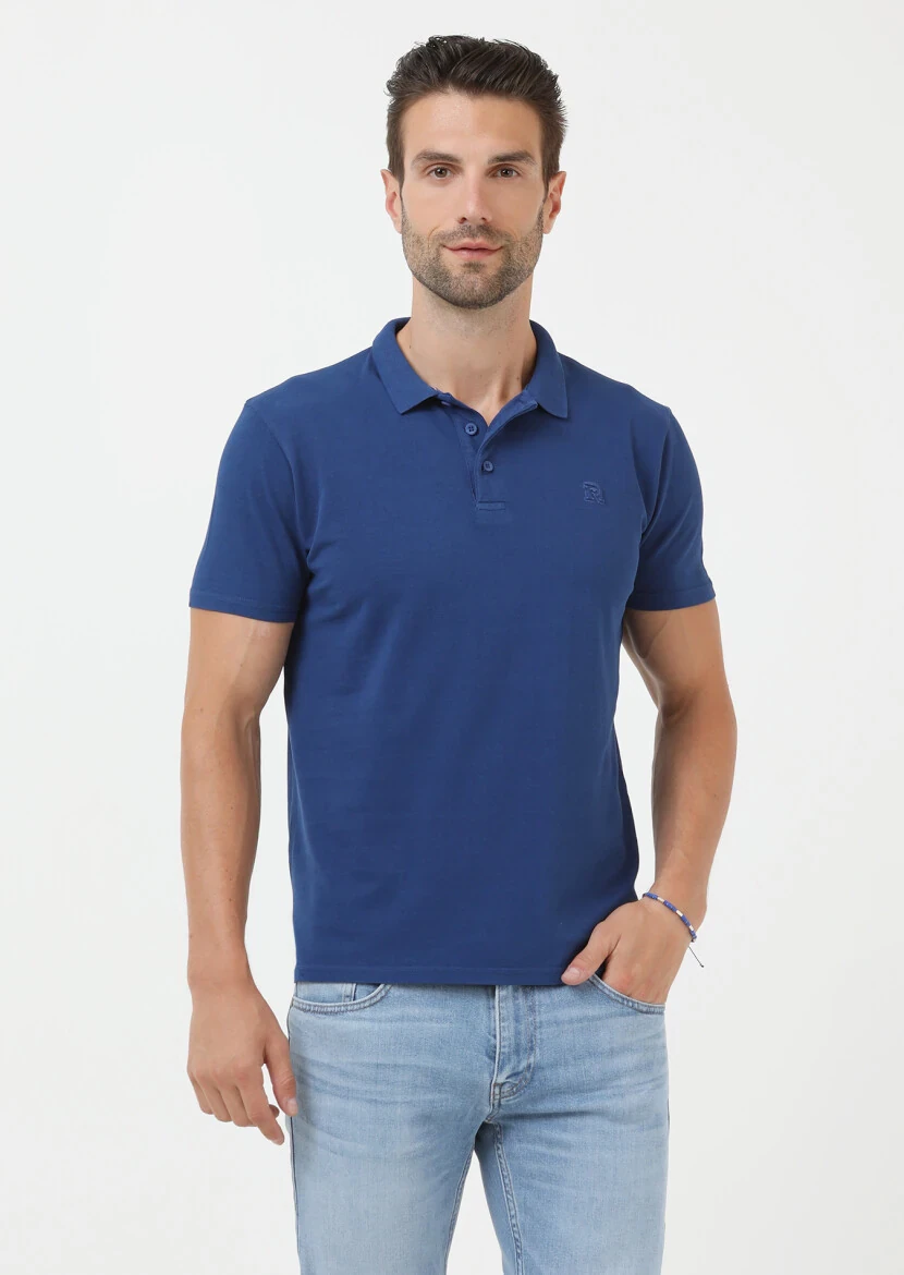 İndigo Baskılı Polo Yaka %100 Pamuk T-Shirt - 1