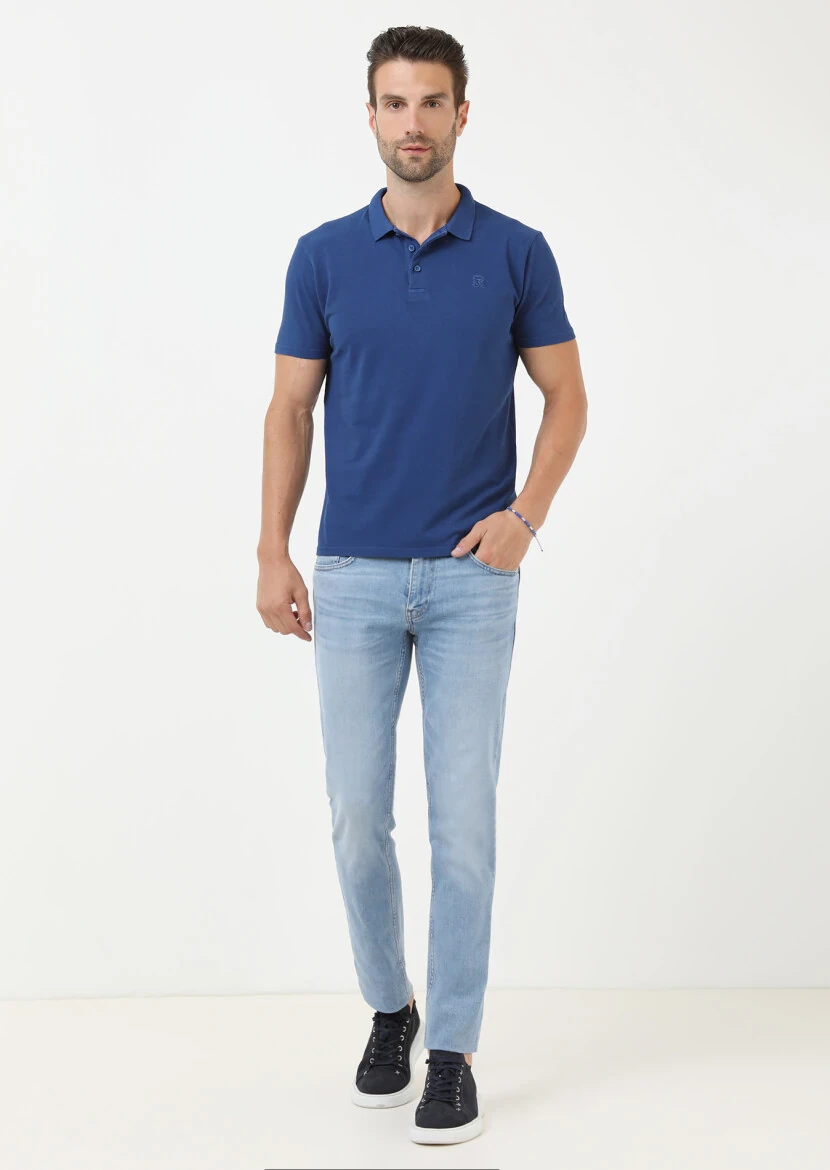 İndigo Baskılı Polo Yaka %100 Pamuk T-Shirt 