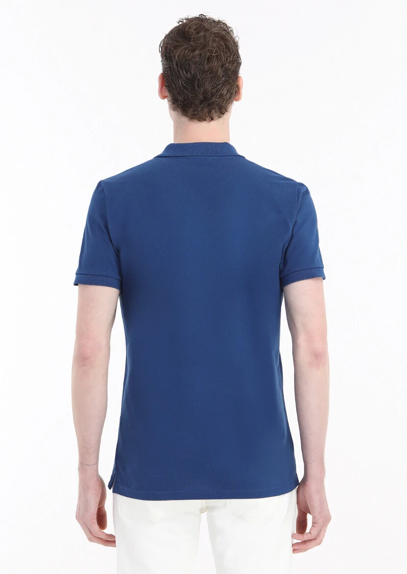İndigo Baskılı Polo Yaka %100 Pamuk T-Shirt - 5