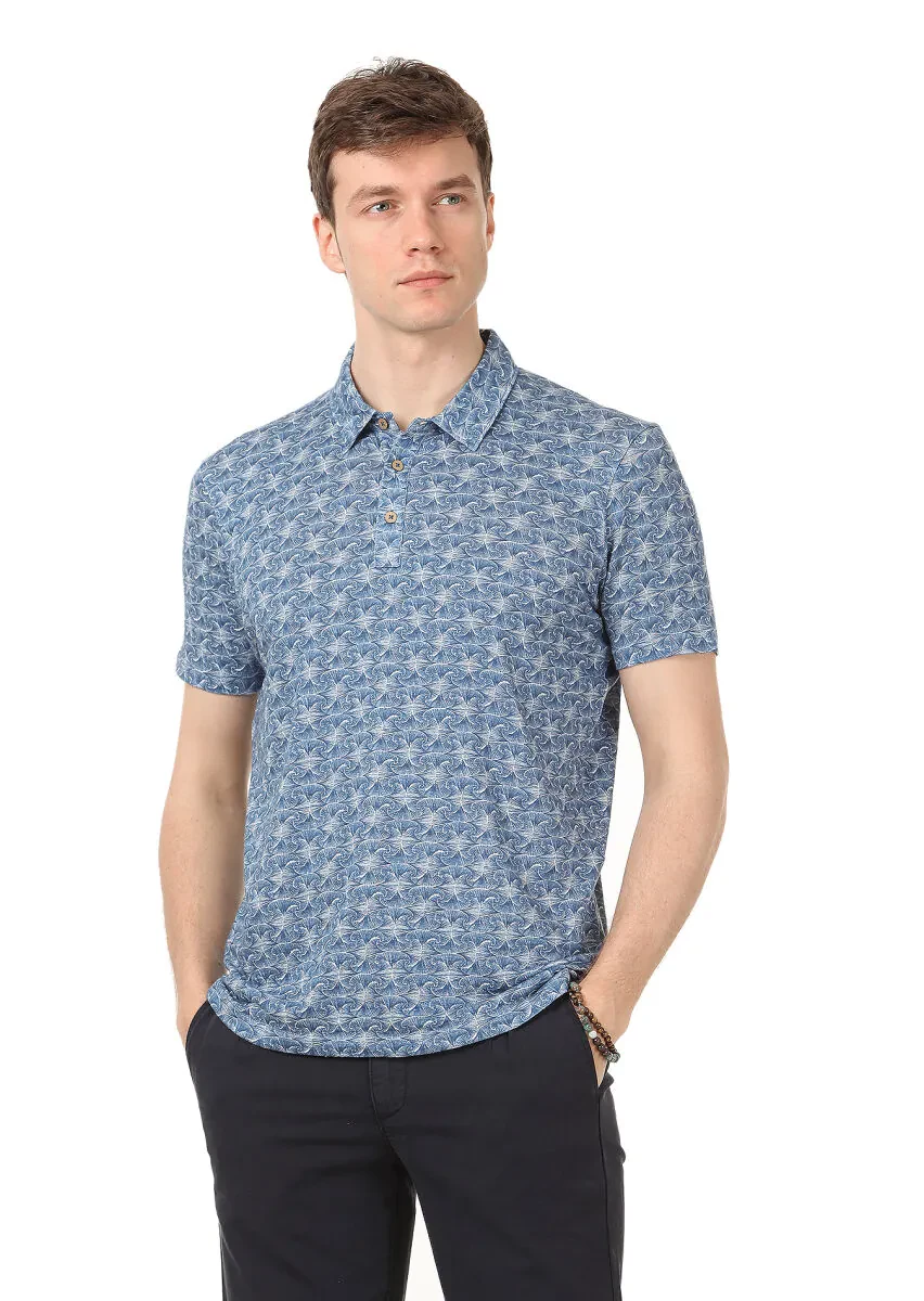 İndigo Baskılı Polo Yaka Keten Karışımlı T-Shirt - 1