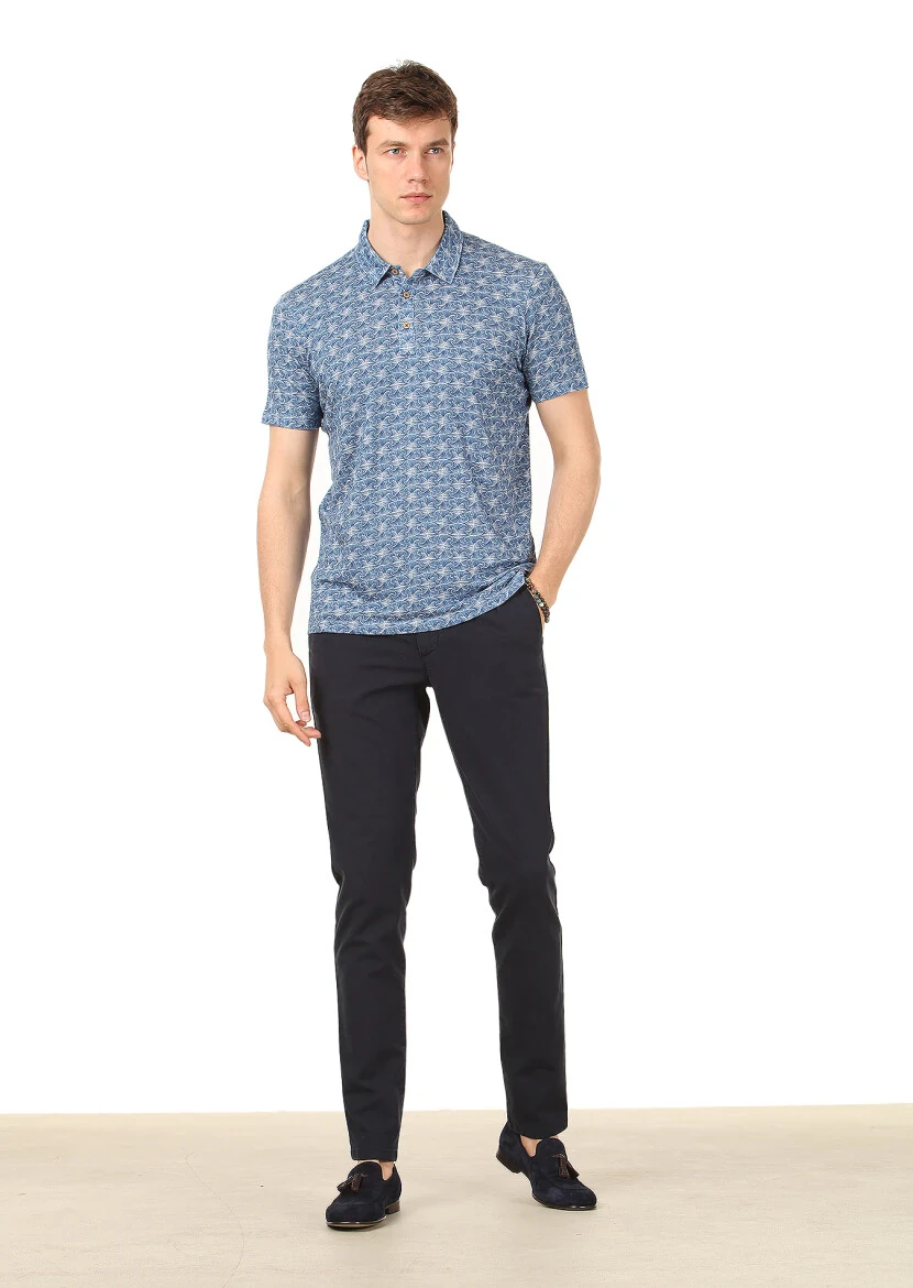 İndigo Baskılı Polo Yaka Keten Karışımlı T-Shirt - 3