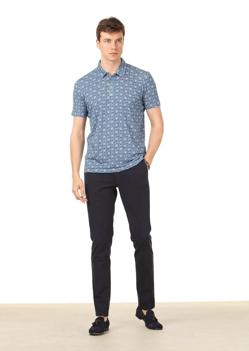 İndigo Baskılı Polo Yaka Keten Karışımlı T-Shirt - 3